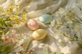 Happy easter flooring decor Eggs Easter motif Basket. White foxgloves Bunny Easter love. Easter chicks background wallpaper Royalty Free Stock Photo