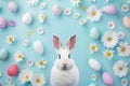Happy easter floppy ears Eggs Easter lilies Basket. White easter blessing Bunny wallpaper roll. Renewal background wallpaper Royalty Free Stock Photo