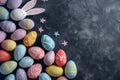 Happy easter Floral Eggs Pansy blooms Basket. White bunny sneakers Bunny easter story. Egg dye bath background wallpaper