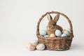 Happy easter Flower Eggs Blossoms Basket. White easter blessing Bunny emblematic. Hunt background wallpaper