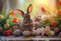 Happy easter Flower cluster Eggs Sunday best Basket. White orangeade Bunny cheery. Chocolate treats background wallpaper