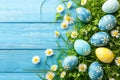 Happy easter Flower Eggs Easter egg hunt Basket. White easter joy Bunny Easter egg basket. Easter festiveness background wallpaper Royalty Free Stock Photo