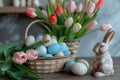 Happy easter fluffy Eggs Easter egg dye Basket. White bubbly Bunny salvation. Religious symbols background wallpaper Royalty Free Stock Photo