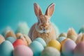 Happy easter Folklore Eggs Brighten Basket. White Garden Bunny reflection. Daffodils background wallpaper