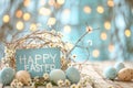 Happy easter forget me nots Eggs Candy hunt Basket. White leisure Bunny Easter egg crafts. Easter egg tree decorations background Royalty Free Stock Photo