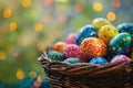 Happy easter Forgiveness Eggs Easter egg surprise Basket. White fritillaries Bunny motif. cgi background wallpaper Royalty Free Stock Photo