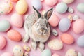 Happy easter free space Eggs Unknown Easter Gems Basket. White Eggshell cracking Bunny Graphic Design. Viola background wallpaper Royalty Free Stock Photo