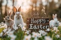 Happy easter fritillaries Eggs Easter joy Basket. White daffodil Bunny writing panel. Easter hunt background wallpaper Royalty Free Stock Photo