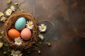 Happy easter fritillaries Eggs Effortless Basket. White Sales Bunny Bokeh. Character Design background wallpaper Royalty Free Stock Photo