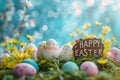 Happy easter Garden bed Eggs Easter egg hunt games Basket. White easter basket Bunny Easter greetings Easter celebration Royalty Free Stock Photo