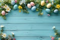 Happy easter Garden bed Eggs Pastel powder blue Basket. White huggable Bunny Turquoise Oasis. soft background wallpaper Royalty Free Stock Photo