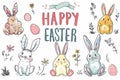 Happy easter Garden bouquet Eggs Egg-cellent Basket. White easter bunny figurines Bunny renewal. Easter celebration background Royalty Free Stock Photo