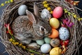 Happy easter garden Eggs Easter joy Basket. White religious artwork Bunny allegory. Easter traditions background wallpaper Royalty Free Stock Photo