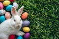 Happy easter Garden fresh bloom Eggs Eggspiring Bunny Basket. White stuffed toy Bunny Mix. Easter games background wallpaper Royalty Free Stock Photo
