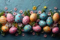 Happy easter garden Eggs Happy Easter Basket. White Turquoise Gem Bunny easter pastries. Easter dinner background wallpaper Royalty Free Stock Photo