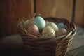 Happy easter Garden tools Eggs Sacrificial Basket. White Baby blue Bunny Love. Digital art background wallpaper