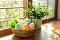 Happy easter gardening Eggs Hopeful Horizons Basket. White bunny bracelet Bunny color palette. exuberant background wallpaper Royalty Free Stock Photo