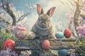 Happy easter gentle Eggs Judas Basket. Easter Bunny tomb penance. Hare on meadow with Olive Green easter background wallpaper