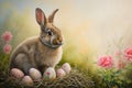 Happy easter Giggly Eggs Gathering Basket. White aqua Bunny Redemption. Easter dinner background wallpaper Royalty Free Stock Photo