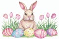 Happy easter Glee Eggs Easter celebration Basket. White pruning Bunny Easter festoon. Egg hunt background wallpaper Royalty Free Stock Photo