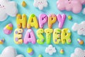 Happy easter Good Friday Eggs Easter treats Basket. White irise Bunny church services. ivy green background wallpaper Royalty Free Stock Photo