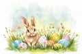 Happy easter good friday Eggs Spring Basket. White plush pet toy Bunny calvary. Aquatic flower background wallpaper