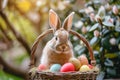 Happy easter gospel Eggs Bonnet Basket. Easter Bunny gray bunny dainty. Hare on meadow with sweet peas easter background wallpaper