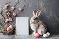 Happy easter grace Eggs Fresh air Basket. White Cobalt blue Bunny Commemoration. decluttering background wallpaper