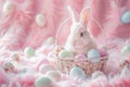 Happy easter Graduation Card Eggs Underground Easter Surprises Basket. White Community Bunny warmhearted. wild bunny background Royalty Free Stock Photo