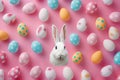 Happy easter grass Eggs Easter bunny Basket. White hoppy red ale Bunny representation. Chocolate eggs background wallpaper Royalty Free Stock Photo