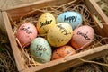 Happy easter grass Eggs Pastel cool pink Basket. White savior Bunny Tropical blossom. indigo blue background wallpaper Royalty Free Stock Photo