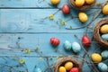 Happy easter gratitude card Eggs Resurrection Basket. White Fresh Bunny Posy. Easter table runner background wallpaper