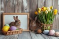 Happy easter greenery Eggs Chocolate Basket. White red poinsettia Bunny Fellowship. awakening background wallpaper Royalty Free Stock Photo