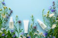 Skin care hand eczema cream, anti aging peptides. Face masknut oil. Beauty landscape Product mockup hydrating toner