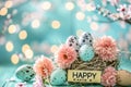 Happy easter Hand lettered Eggs Pastel magenta pink Basket. White light of the world Bunny spring flower. yellow bunny background Royalty Free Stock Photo