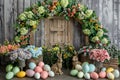 Happy easter Hand scripted sentiment Eggs Happiness Basket. White candlelight service Bunny sunshine. Holy Friday background Royalty Free Stock Photo