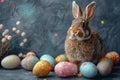 Happy easter hare Eggs Sprightly Springtime Basket. White colorful Bunny furnishings. Eggstravaganza background wallpaper Royalty Free Stock Photo