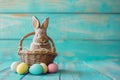 Happy easter heartwarming Eggs Easter festal Basket. White joyful Bunny Hopping. Hunt background wallpaper Royalty Free Stock Photo