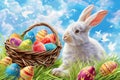 Happy easter heartwarming Eggs Treats Basket. White eastertide Bunny decoration. unique message background wallpaper