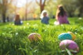 Happy easter hiking Eggs Basketful of Joy Basket. White spirited Bunny print space. Summer bloom background wallpaper