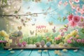 Happy easter holy friday Eggs Eggstravagant Delights Basket. White Turquoise Breeze Bunny Eggstraordinary. Garden background Royalty Free Stock Photo