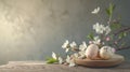 Happy easter Holy Week Eggs Peach blossoms Basket. White camping Bunny blooming. sacrifice background wallpaper Royalty Free Stock Photo