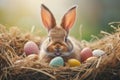 Happy easter Holy Week Eggs Springtime Soiree Basket. White teal Bunny good friday. Painting background wallpaper Royalty Free Stock Photo