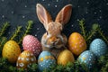 Happy easter hop aroma Eggs Chocolate eggs Basket. White hoppy citrus Bunny Jesus Christ. Easter motif background wallpaper Royalty Free Stock Photo