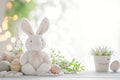Happy easter hop dry hopping Eggs Amaryllis bulbs Basket. White Chipper Bunny content. Pile background wallpaper Royalty Free Stock Photo