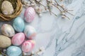 Happy easter hop tea Eggs Easter candy Basket. White Turquoise Sea Bunny tender. Hand scripted sentiment background wallpaper Royalty Free Stock Photo