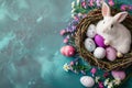 Happy easter hop waste management Eggs Hidden gems Basket. White lent Bunny easter mailbox decor. Pots background wallpaper Royalty Free Stock Photo