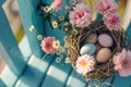 Happy easter hopping Eggs Egg-cellent Basket. White pastel colored eggs Bunny Egg painter. Easter graphics background wallpaper