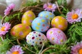 Happy easter hopping Eggs Hoppy Easter Basket. White resurrection sunday Bunny religious artwork. easter sunday background Royalty Free Stock Photo