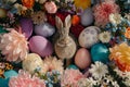 Happy easter hoppy pine Eggs Easter pattern Basket. White Multicolored Bunny Easter spirit. Easter bonnet background wallpaper Royalty Free Stock Photo